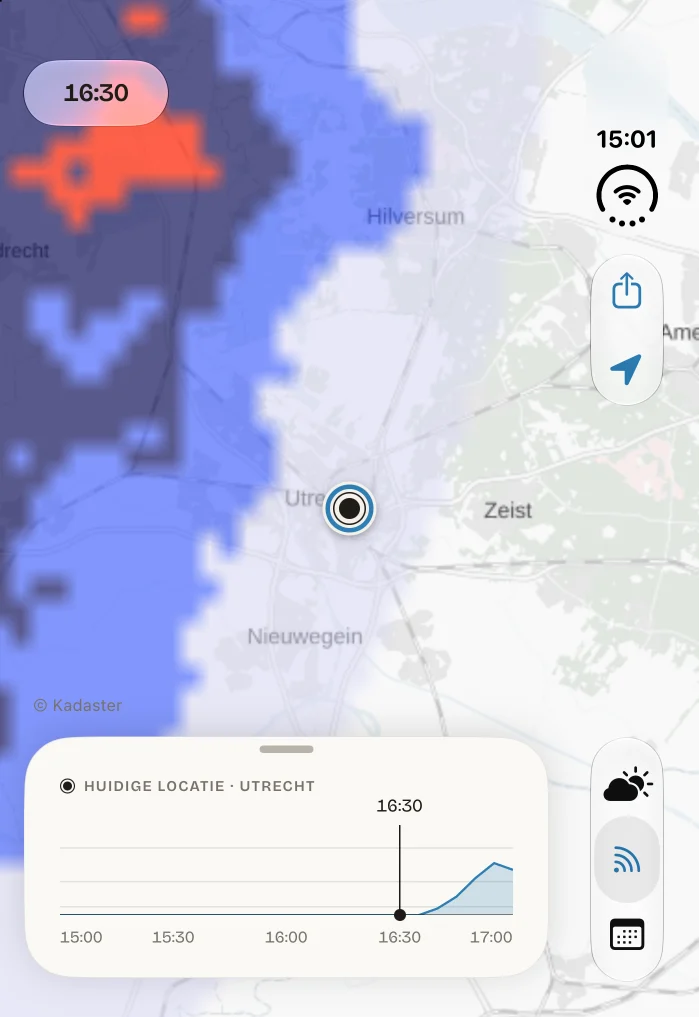De radar op het buitenscherm van de iPhone Duo: een bui nadert Utrecht, met de tijdlijn van de komende twee uur