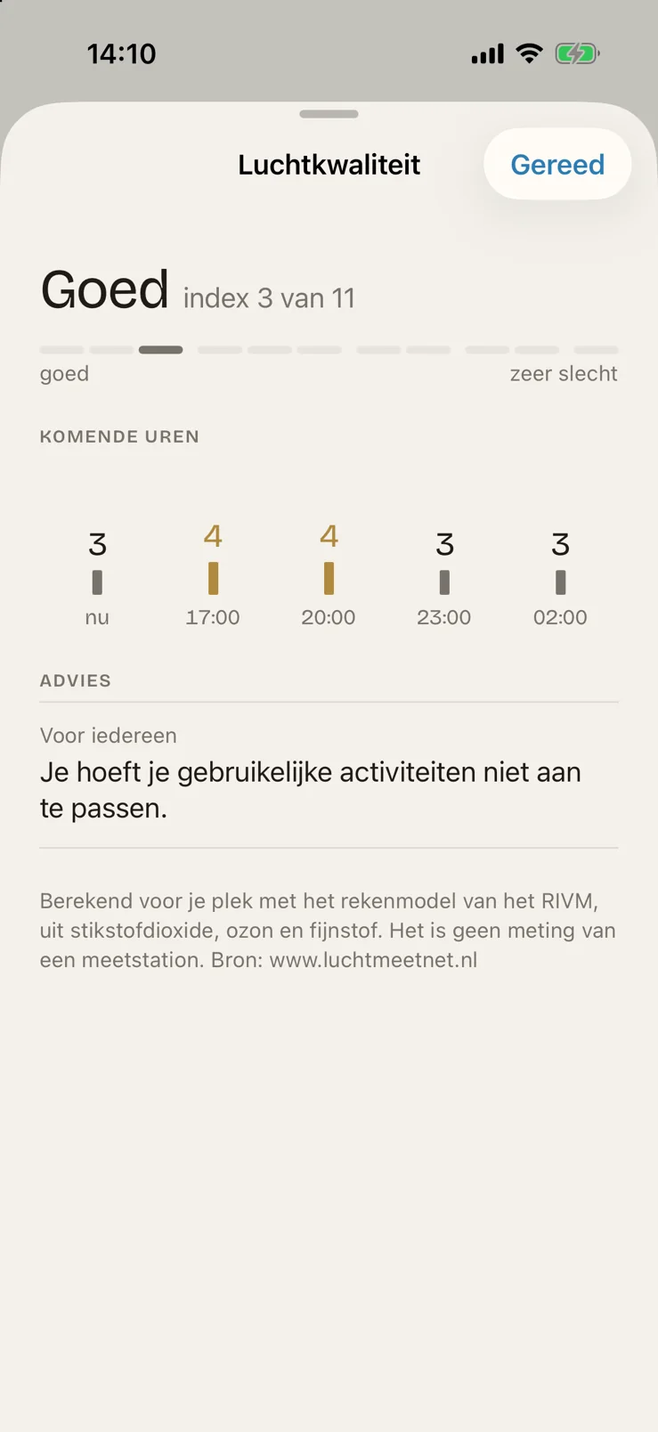 Het detailscherm Luchtkwaliteit: goed, index 3 van 11, met de komende uren en het advies voor iedereen