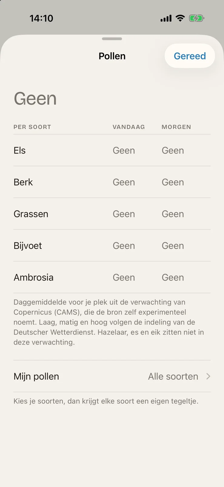 Het detailscherm Pollen: voor els, berk, grassen, bijvoet en ambrosia de verwachting voor vandaag en morgen, met Mijn pollen eronder