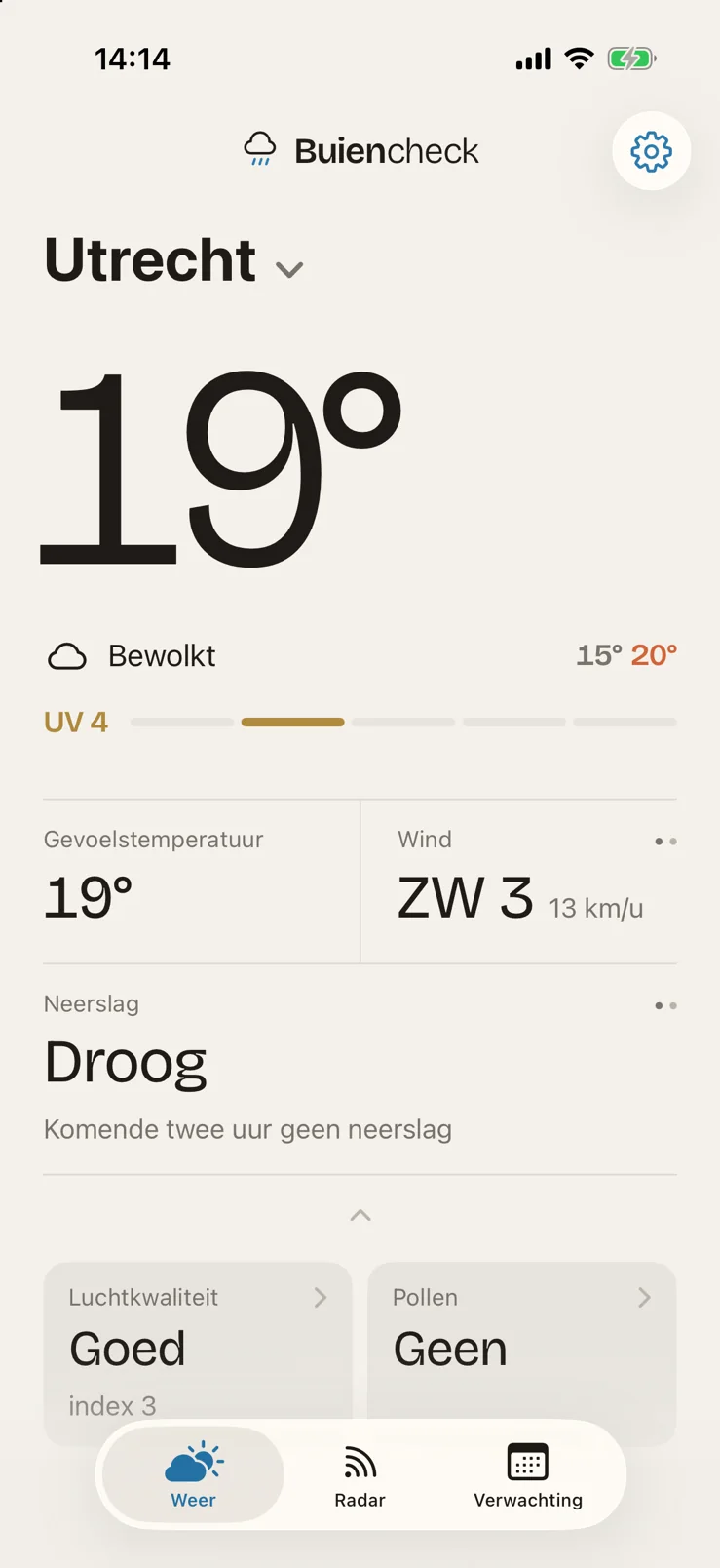 De weer-tab: 19 graden en bewolkt in Utrecht, UV 4, droog de komende twee uur, luchtkwaliteit goed en geen pollen