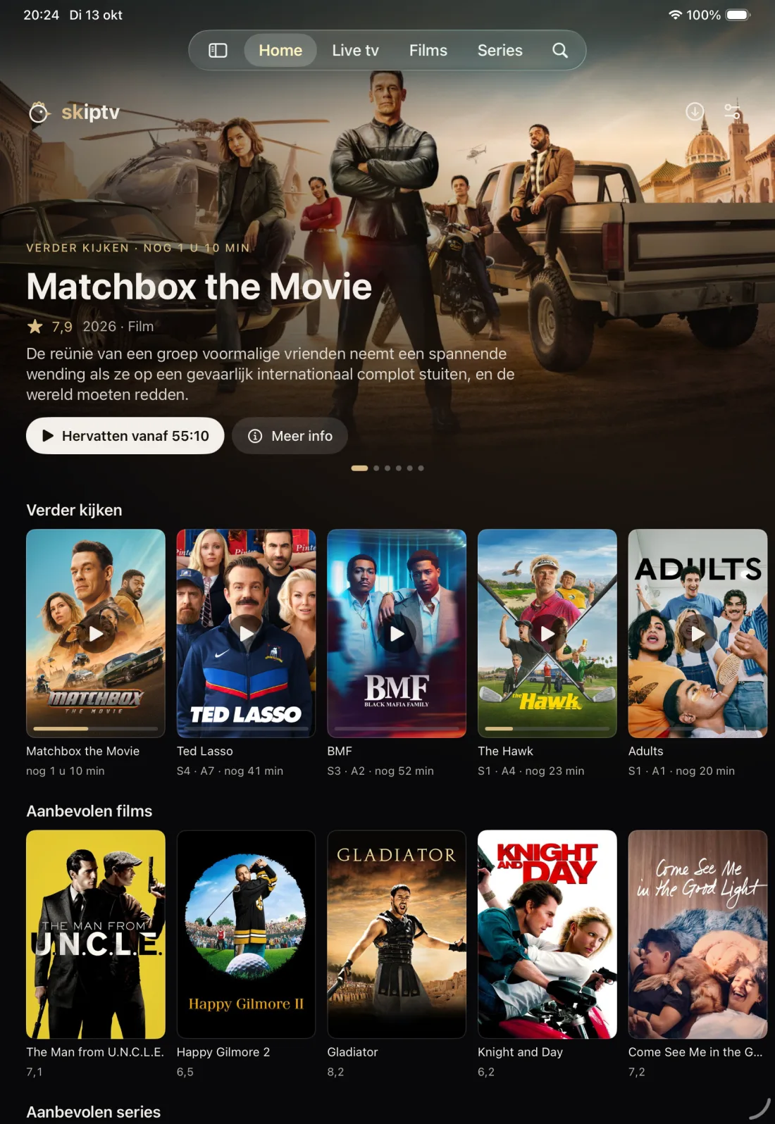 skiptv op iPad: Home met Verder kijken en aanbevolen films