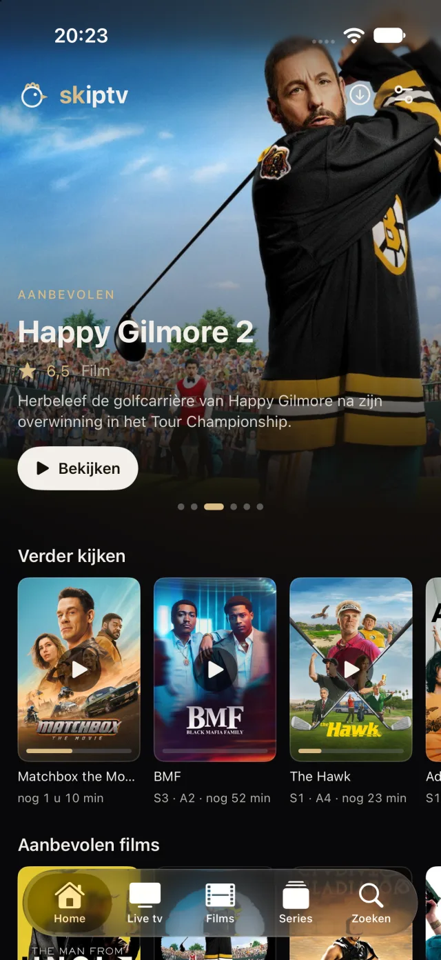 skiptv op iPhone: Home met aanbevolen film