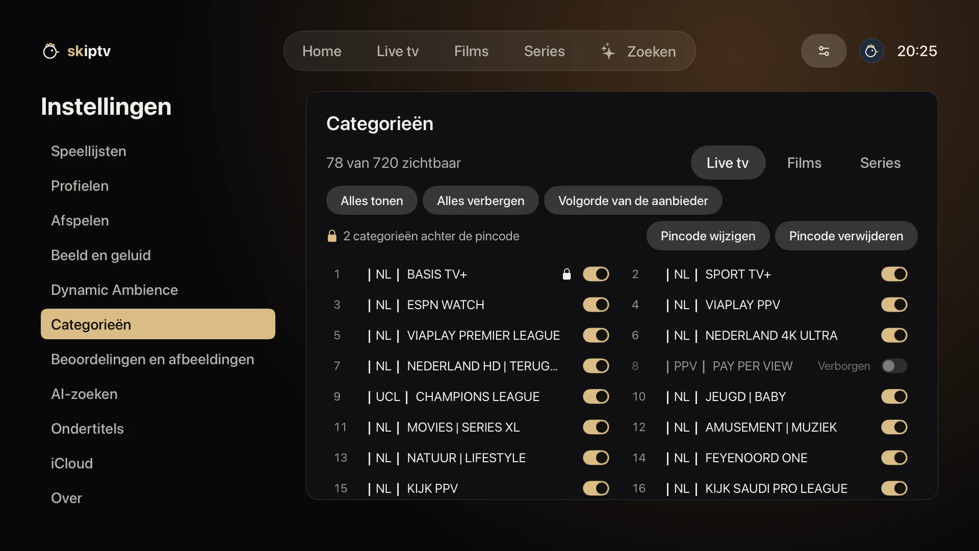 skiptv op Apple TV: categorieën verbergen en achter de pincode zetten