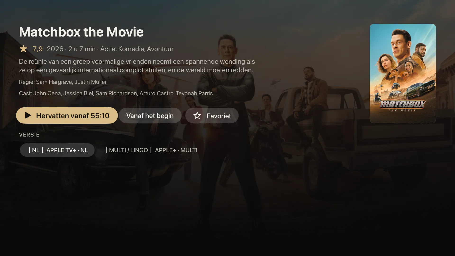 skiptv op Apple TV: de pagina van een film met cast, regie en versiekeuze