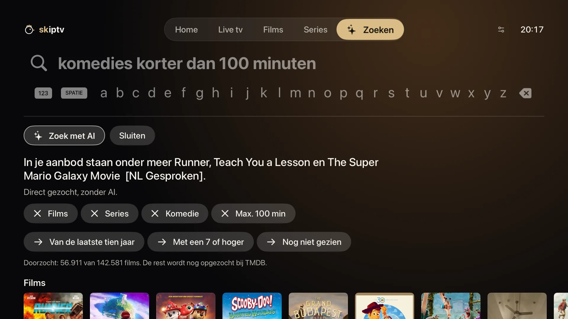 skiptv op Apple TV: zoeken op komedies korter dan 100 minuten